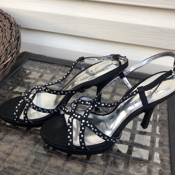 Formal crystal embellished black satin shoes. - Picture 3 of 5